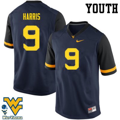 Youth West Virginia Mountaineers NCAA #9 Major Harris Navy Authentic Nike Stitched College Football Jersey WS15L56QK